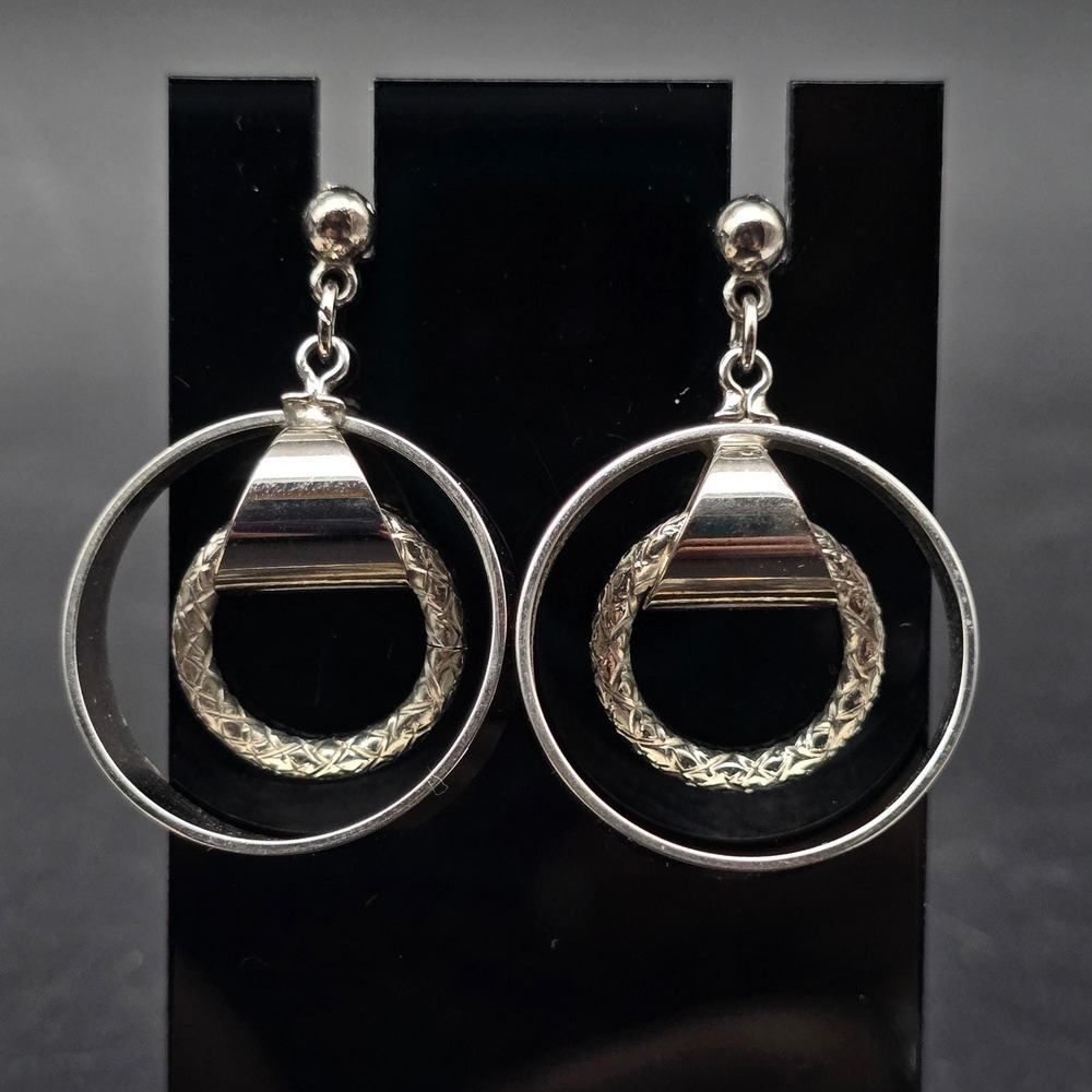 Silver Tone Dangling Hoop Earrings Pierced Post Vintage